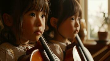 ai generado dos pequeño muchachas son jugando violonchelo. generativo ai foto