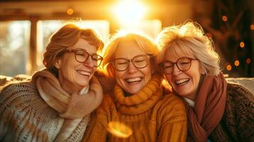 AI generated Three joyful senior women embracing and laughing together outdoors photo