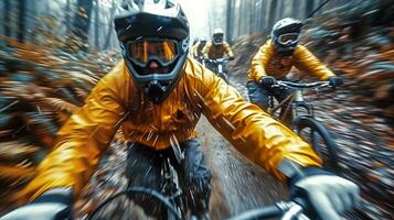 ai generado montaña ciclistas en acción durante un mojado otoño sendero paseo foto