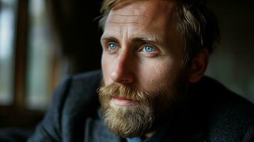 AI generated Contemplative bearded man with intense blue eyes by window light photo