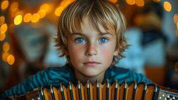 AI generated Young musician playing accordion with sparkling bokeh lights photo