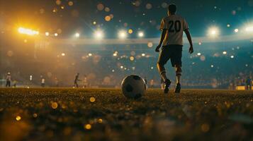 ai generado un fútbol jugador en el medio de un fútbol juego. generativo ai foto