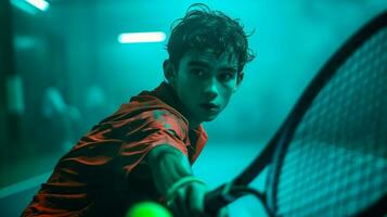 AI generated A teenage boy on court playing a game of tennis. Generative AI photo