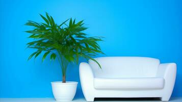 AI generated A white chair and a plant in front of a blue wall, creating a serene and stylish ambiance. Generative AI photo