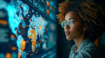 AI generated Young female professional analyzing global data analytics on screen photo