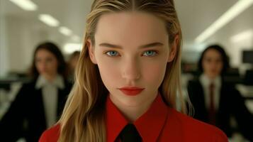 AI generated A woman with striking blue eyes wearing a vibrant red shirt. Generative AI photo