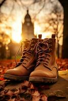 AI generated A pair of brown boots resting on a stone ledge, showcasing their rugged charm and timeless style. Generative AI photo