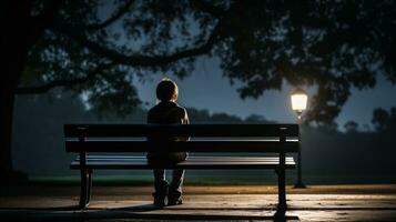 ai generado un persona sentado solo en un banco debajo el noche cielo, contemplando en soledad y tranquilidad. generativo ai foto