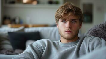 AI generated Young man is sitting in front of the sofa. photo