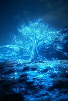 AI generated A tree that is made up of blue lights. photo