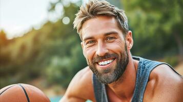 AI generated A man with a beard is smiling holding a basketball. Generative AI photo