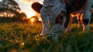 AI generated A cow is grazing on grass at sunset. photo