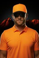 AI generated A sporty man wearing an orange shirt and sunglasses. Generative AI photo