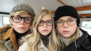 AI generated Children with glasses stand alongside each other as they pose for a selfie. Generative AI photo