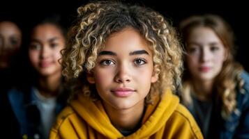 ai generado un joven niña con Rizado pelo en pie entre un grupo de gente, sonriente y mirando contento. generativo ai foto