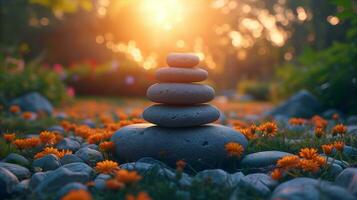 ai generado zen piedras en sereno jardín a puesta de sol con naranja flores foto