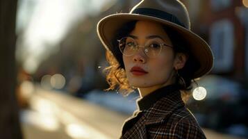 AI generated A woman wearing glasses and a hat on the sidewalk. Generative AI photo