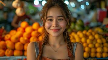 AI generated Happy young woman with a bright smile in a fruit market photo