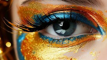 AI generated A woman's eye with gold and blue paint, creating a captivating and vibrant artistic expression. photo