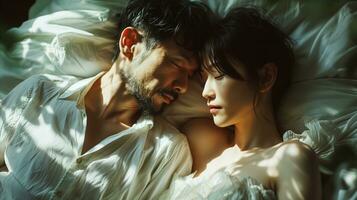 AI generated Intimate couple embracing each other in sunlit bed photo