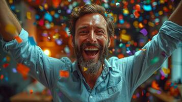 AI generated Joyful man celebrating with arms raised among falling confetti photo