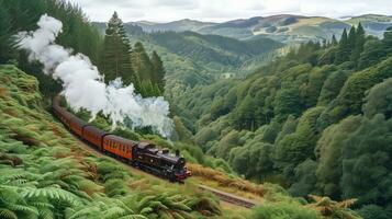 AI generated Vintage steam train chugging through lush green forest landscape photo