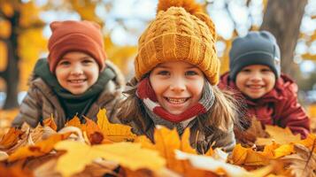 AI generated Three young children smiling in autumn leaves. Generative AI photo