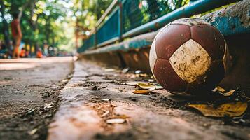 ai generado un fútbol pelota acostado en el la carretera. generativo ai foto