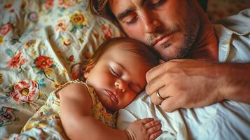 AI generated Father and his child sleeping peacefully. Generative AI photo