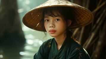 AI generated Portrait of a serene young girl wearing a traditional asian conical hat photo