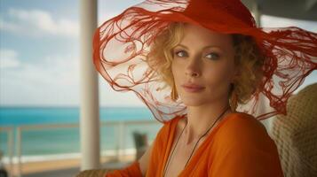 AI generated A woman in an orange dress and hat gazing at the ocean's vastness, captivated by its beauty and serenity. photo