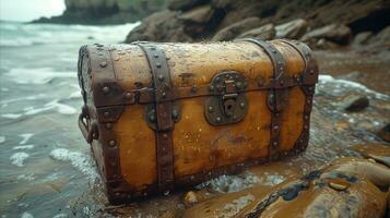 AI generated Vintage treasure chest on seashore with waves and rocks photo