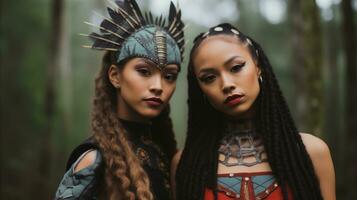 AI generated Two Native American women wearing traditional costumes. photo