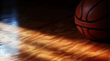 AI generated A basketball on a wooden floor illuminated by a spotlight, creating a dramatic and focused atmosphere. Generative AI photo