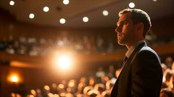 AI generated Confident businessman standing in a conference hall before an audience photo