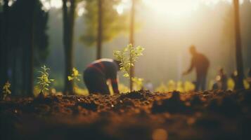 ai generado personas plantando arboles en un bosque a promover ambiental conservación y incrementar verdor. generativo ai foto