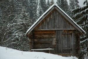 Panorama of the village in the winter mountains covered with snow. Winter landscape. The concept of freedom and solitude. photo