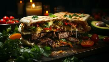 AI generated Grilled beef sandwich, fresh vegetables, homemade guacamole, rustic bread generated by AI photo