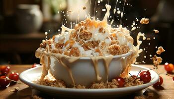 AI generated Homemade dessert Fresh fruit slice on rustic wooden plate generated by AI photo