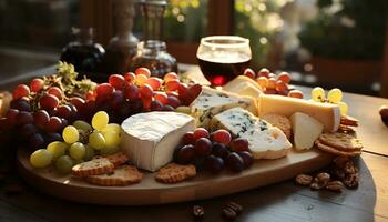 AI generated Freshness and variety on a rustic wooden cheese board generated by AI photo