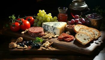AI generated A rustic table with gourmet delicatessen fresh bread, meat, and cheese generated by AI photo