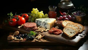 ai generado un rústico mesa con gastrónomo Tiendas Delicatessen Fresco pan, carne, y queso generado por ai foto