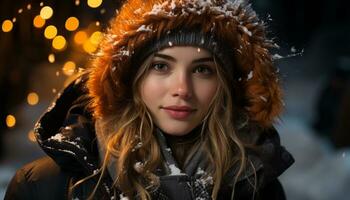 AI generated Young woman smiling in winter, beauty in nature, looking at camera generated by AI photo