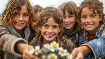 ai generado un grupo de niños son sonriente y señalando su manos a el flor. generativo ai foto