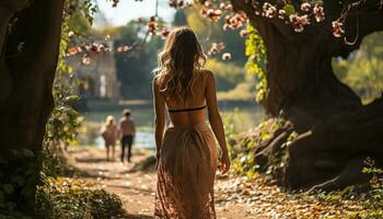 ai generado joven mujer disfrutando el belleza de naturaleza en el bosque generado por ai foto