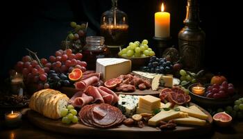 AI generated A rustic table with gourmet food and wine variations generated by AI photo