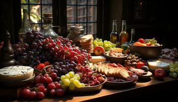 AI generated Freshness and variety of gourmet food on rustic wooden table generated by AI photo