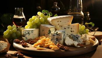 ai generado gastrónomo comida variación queso Camembert, vino, y francés Tiendas Delicatessen generado por ai foto