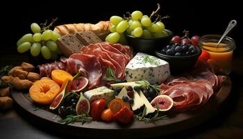 AI generated A gourmet meal prosciutto, cheese, bread, fruit, and wine generated by AI photo
