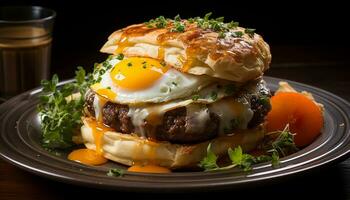 ai generado A la parrilla carne, Fresco tomate, Derretido queso en un hamburguesa generado por ai foto